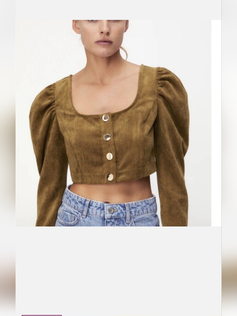 Zara Cropped Corduroy Puff-Sleeve Top in Olive